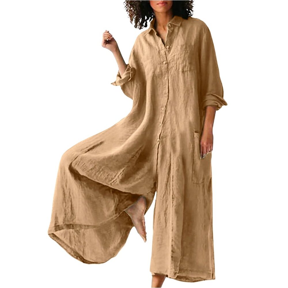 Linen Blend Wide Leg Jumpsuit Palazzo Pants Button-Up Oversized Boho Resort